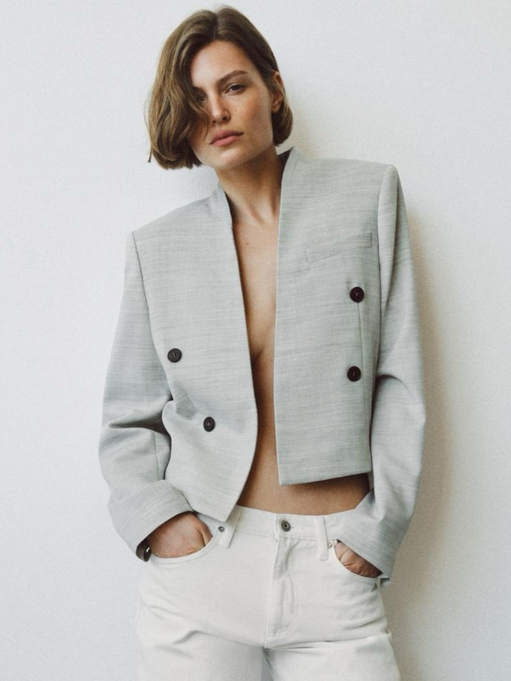 NWT Zara Limited Edition ZW Collection Cropped Blazer Light Gray S